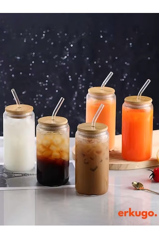 Bambu Kapaklı Pipetli Borosilikat Sunum Bardağı, Kahve Bardağı, Isı Dayanıklı Bardak 500 Ml Coollime2