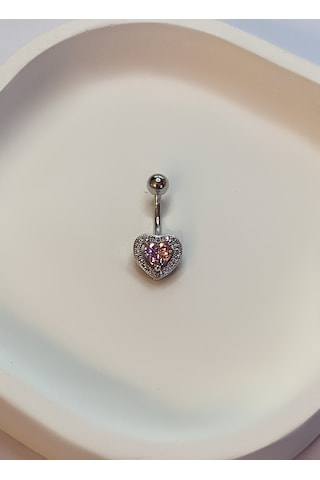 Kadın Pembe Taşlı Kalp Model Çelik Piercing