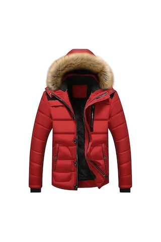 Erkek Polar Soğuk Dayanıklı Kapüşonlu Mont Kırmızı