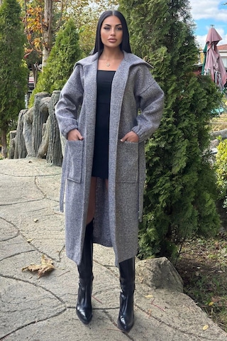 Antrasit Cepli, Balon Kol, Kemerli, Kalın Örgü Triko, Uzun Kaban Antrasit