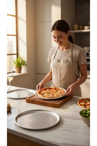 Paslanmaz Çelik Delikli Pizza Fırın Tepsisi Lahmacun Fırın Tepsisi 3'lü Set 28 32 36 Cm Gri