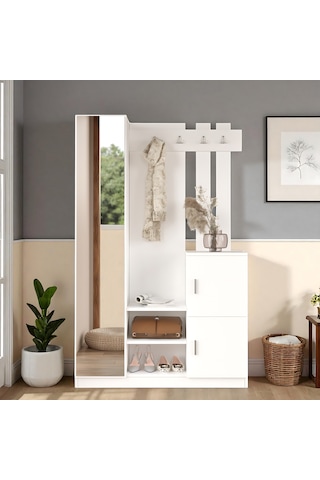 Robin Home Aynalı Vestiyer Portmanto Ayakkabılık Beyaz Beyaz