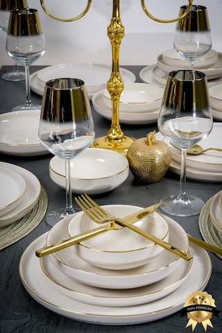 Heda Porselen Rüya Altın Yaldız 24 Parça 6 Kişilik Porselen Yemek Takımı Kırık Beyaz Beyaz