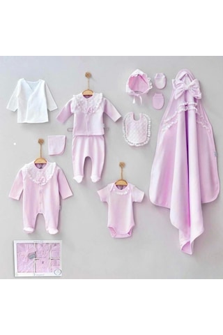 Candar Dantelli Kız Bebek 10 Parça Kız Bebek Hastane Çıkışı Kutulu Pembe