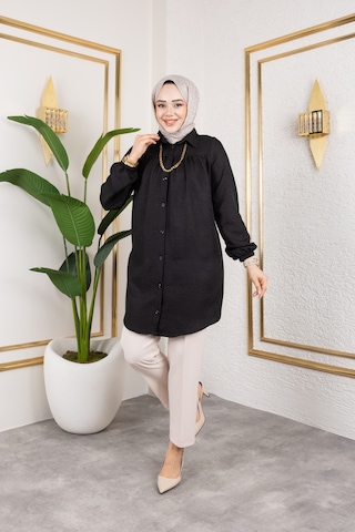 Önü Büzgülü Bilek Lastikli Tunik - Siyah / Ü104 Siyah