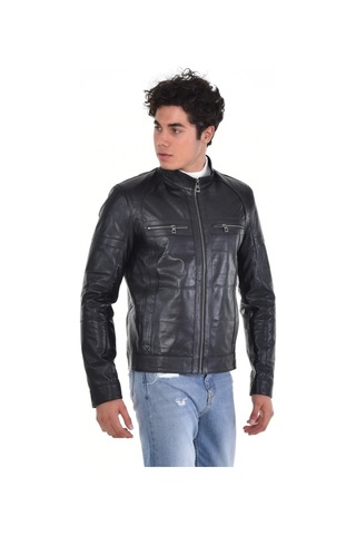 Hakiki Deri Siyah Erkek Deri Mont Hakim Yaka Üst Ve Yandan Fermuarlı Cep Detaylı Deri Ceket Siyah