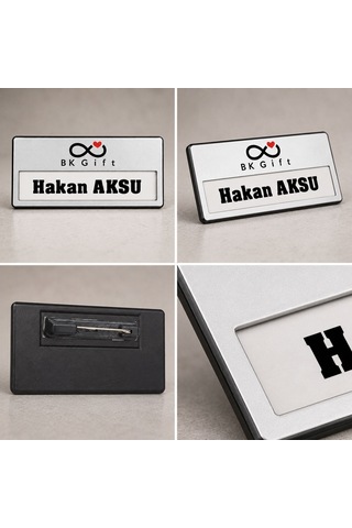 Logonuza Özel 10 Adet Metal Yaka Kartı İsimliği Altın Gümüş Personel İsimlik 3,5x7 Cm Gümüş
