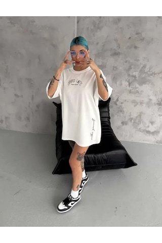 Modi Unisex Baskılı Oversize T-shirt - Beyaz - Mymg98301