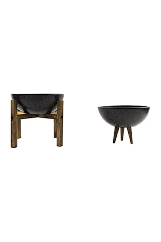 İkili Set Siyah Granit 20 Cm Çapında 3-4 Ayaklı Bitki Saksısı