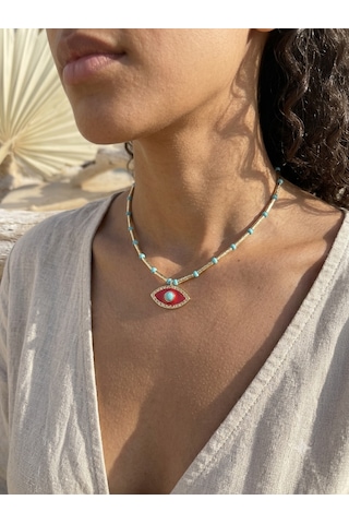 Rhea Jewelry Nazar Boncuklu Çelik Kolye Gold Renk Mineli Göz Figürlü Kadın Kolye 3 Renk Turuncu