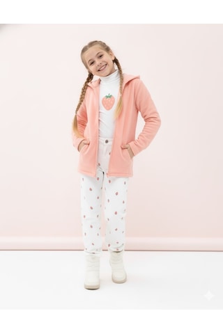 Kız Çocuk Pudra Polar Kapüşonlu Hırka Fermuarlı Uzun Kollu Yumuşak Çocuk Ceketi - Kız Çocuk Polar Hırka Pembe