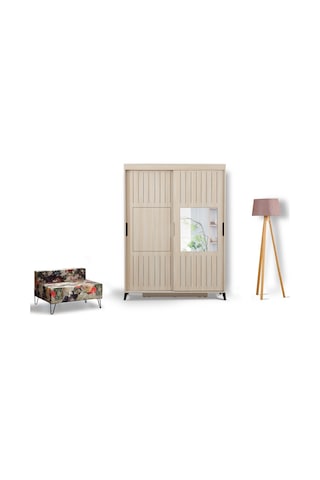 Pasifichome Huga Sürgülü Gardırop Meşe 140Cm / 2 Kapaklı Çekmeceli Dolap