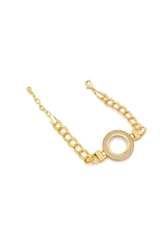 Altın Kaplama İmitasyon 2 Sıra Zirkon Taşlı Desenli Figaro Model Çeyrek Çerçeve Bileklik Blk-1159 Altın