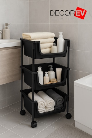 3 Katlı Tekerlekli Plastik Organizer Raf Çok Amaçlı Mutfak, Banyo Ve Ofis Düzenleyici Siyah Beyaz