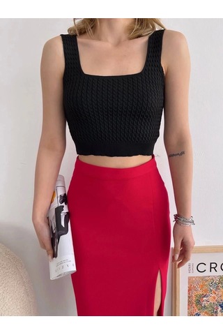 Yırtmaçlı Esnek Kumaş Midi Boy Etek Koyu Kırmızı Kırmızı