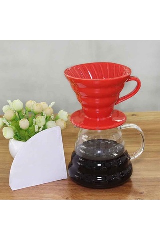 Seramik Kahve Dripper - Porselen Kahve Demleyici Ve Aleti - No: 2 - Kırmızı Hario V60 Benzeri