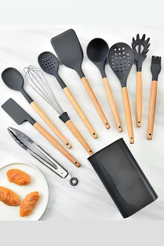 Siyah 11'li Bambu Saplı Silikon Servis Seti - Kepçe, Kevgir