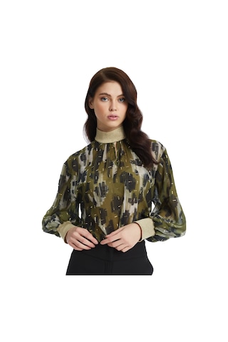 Parlak Detaylı Desenli Balon Kol Bluz Modern Yaka Ve Lastikli Bilek Tasarımıyla Şık Seçim Haki