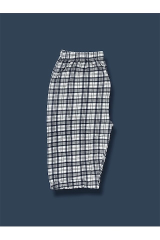 Desenli Penye Diz Altı Büyük Beden Anne Kadın Kapri Lacivert Ekose