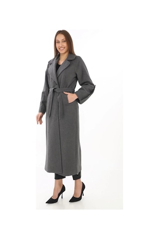 Kadın Uzun Kaşe Kaban Yünlü Dokuma Kaşmir Kumaş, Kruvaze Yaka, Kuşaklı Astarlı Tesettür Uyumlu Şık Füme