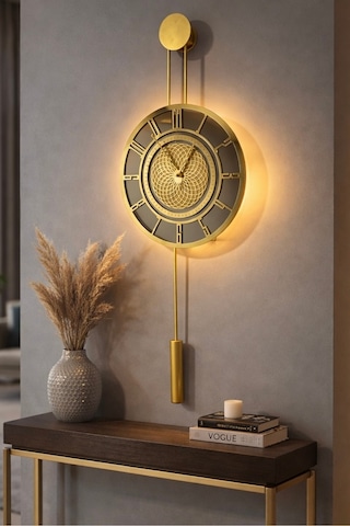 Metaquartz Aksesuar Pendulum Saat - Premium Gold Chakra Dizayn - Ledli Metal Duvar Saati Sarı
