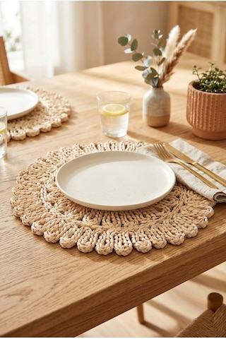 Doğal Rattan Hasır Supla 38 Cm - El Örmesi Dantel Kenarlı Yuvarlak Amerikan Servisi Krem