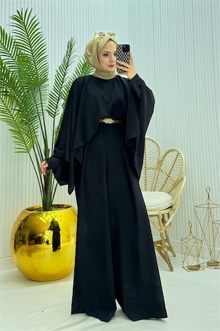 Neşeli Butik Kadın Pelerinli Kemer Detaylı Tesettür Tulum Nms061 Siyah