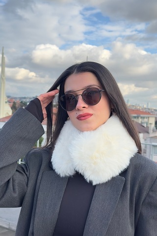 Mollycrush Suni Kürk Yumuşak Boyunluk Premium Mıktanıslı Kışlık Kadın Beyaz Peluş Boyunluk Beyaz