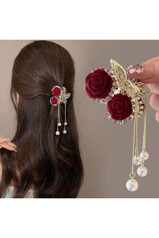 Dofolink Bordo Floklu Gül Ve İmitasyon İpek Tasselli, Taşlı Altın Renkli Saç Klipsi - Günlük Ve Fotoğraf İçin Zengin Retro Stili Çok Renkli