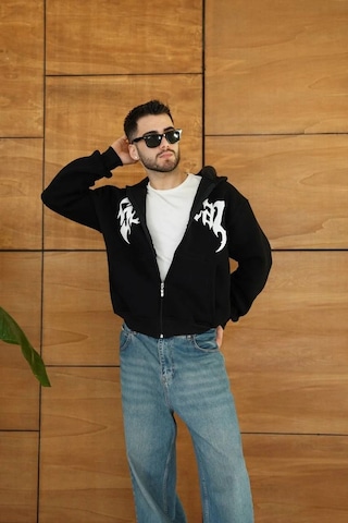 Novalisse Erkek Kapüşonlu 3 İplik Şardonlu Önü Baskılı Fermuarlı Oversize Sweatshirt - Siyah Çoklu Renk