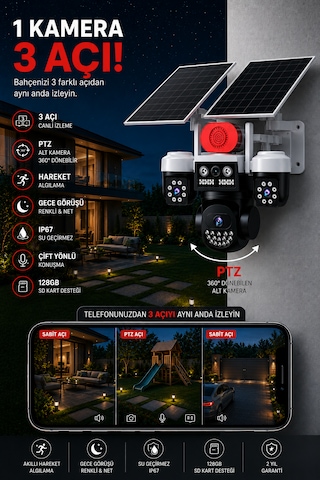 3 Kameralı Wifi 9mp Çift Solar Panelli Sürekli Kayıt Teknolojili Gece Görüşlü Güvenlik Kamerası