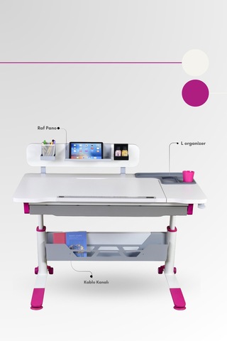 Sirius Standart Yükseklik Ve Eğim Ayarlı Çekmeceli Bilgisayar, Ofis Ve Çalışma Masası Ekru Fuşya Gri