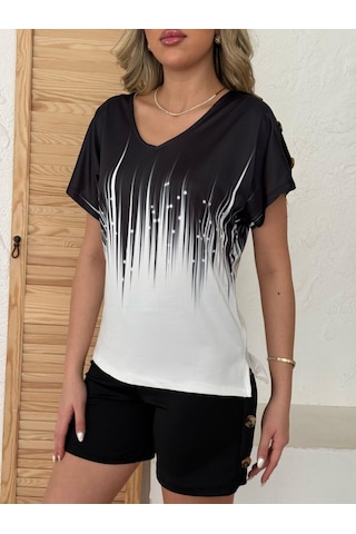 Ahes Shopping Kadın V Yaka Kısa Kol Kenarları Minik Yırtmaç Detaylı Dalgıç Bluz + Düğme Detaylı Dalgıç Şort Siyah