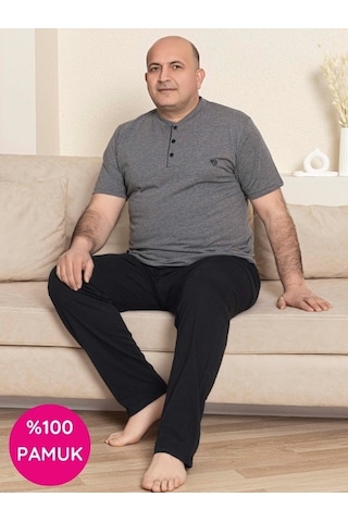 Erkek Geniş Kalıp %100 Pamuk Kısa Kol Cepli Büyük Beden Pijama Takımı Antrasit