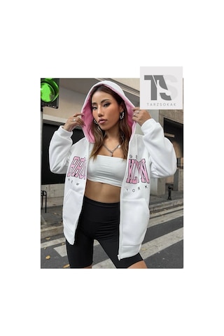 Tarzsokak Beyaz Pembe Kapüşonlu Fermuarli Brooklyn Oversize