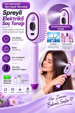 Elektrikli Spreyli Saç Tarağı 300 Mah Type C Şarjlı İnce Spreyli Antistatik Bakım Fırçası 84343181