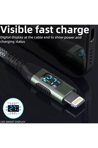 Honeybeeshop 3 Adet Yeşil Aıcase İphone Şarj Kablosu İçin Led Ekran 3 Metre 10 Fit Uzun Örgülü Kablo İphone 14 13 12 11 X Xs Xr Xs Max Uyumlu