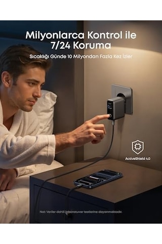 Şarj Cihazı, 100w Maksimum Güç, Kompakt, 3 Bağlantı Noktalı, Gan Usb-c Şarj Bloğu, Akıllı Ekran Ve Dokunmatik Kontrol, Siyah - B121b