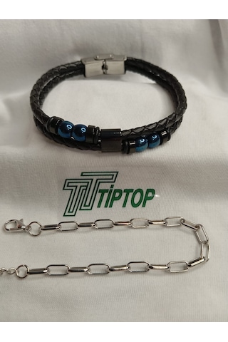 Tiptop/ Siyah Deri Taşlı Çelik Tokalı - Gümüş Renk Ataç Zincir Bileklik Set Gümüş