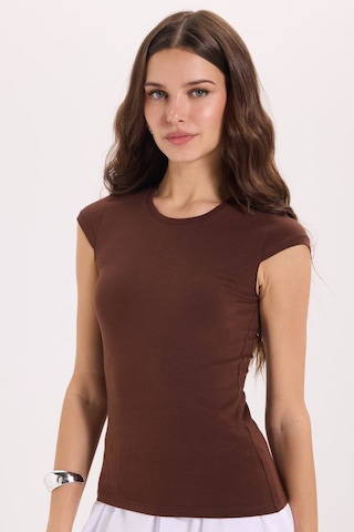 Tudors Kadın Slim Fit Dar Kesim Pamuklu Likralı Bisiklet Yaka Ay Kol Kahverengi Tişört-51124
