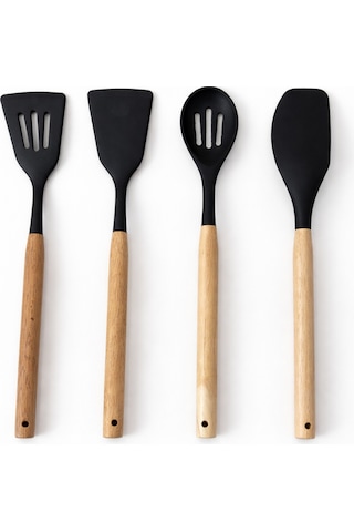 11 Parça Bambu Saplı Silikon Mutfak Seti Kaşıklıklı Isıya Dayanıklı Spatula Kepçe Çırpıcı Maşa Seti Siyah