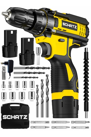 Schatz 12v Çift Akülü Çelik Şanzıman Bakır Sargılı Şarjlı Vidalama Matkap Sarı + 24 Parça Set