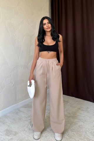 Defymoda Bej Yanları Şeritli Pantolon Bej