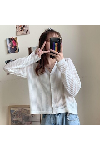 Beyaz Kadın İlkbahar Ve Yaz V Yaka Delikli Uzun Kollu Klimalı Gömlek İçin İnce Örgü Güneş Koruyucu Hırka Ceket Beyaz