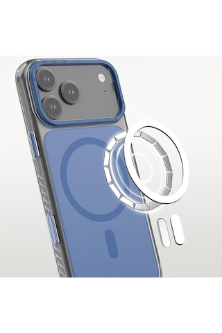 Apple iPhone 17 Pro Kılıf M-safe Uyumlu Metal Kamera Çerçeveli Airbag Lenyes Ck221 Sert Pc Kapak Mavi Mavi