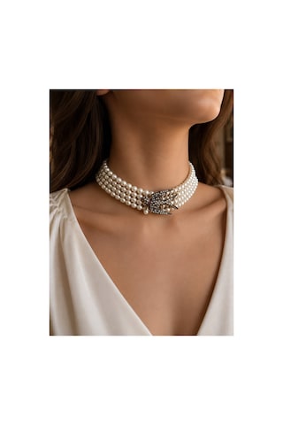 Zirkon Taşlı Choker İnci Kolye Kırlangıç Kuş Figürlü Beyaz