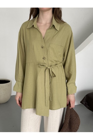 Haki %100 Pamuk Çapraz Düğmeli Beli Kemerli Gömlek Haki