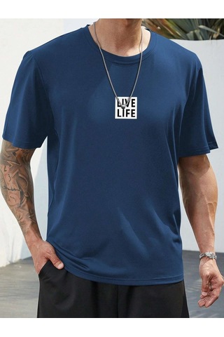 Flood Of Style Unisex Siyah Oversize Bisiklet Yaka %100 Pamuk Live Life Baskılı Lacivert