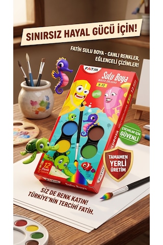 Fatih Sulu Boya S-12 12 Renk Tablet 2'li Avantaj Paket Yıkanabilir Okul Boyası Seti Çok Renkli