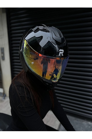 R1 Parlak Siyah Revo Gold Vizörlü Kapalı Kask Güneş Vizörlü